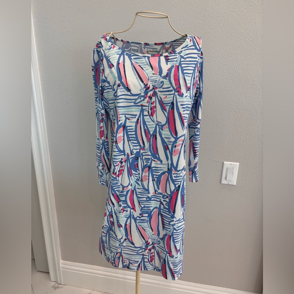 Lilly Pulitzer Size SMALL Marlowe Cotton Dress 3/4 Sleeve Right/Return/Sailboat